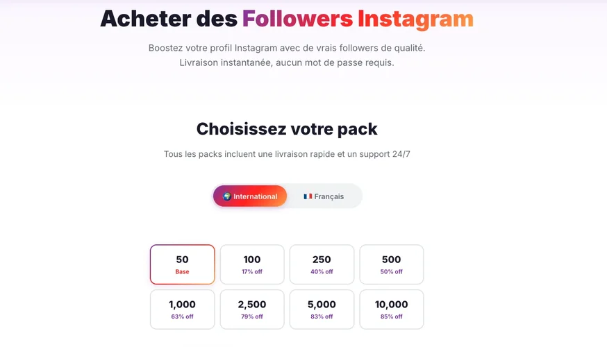 Selección de packs para comprar seguidores Instagram en Followers Lab