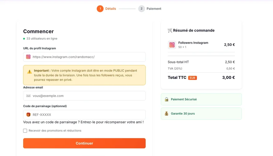 Formulario de pedido para comprar seguidores Instagram